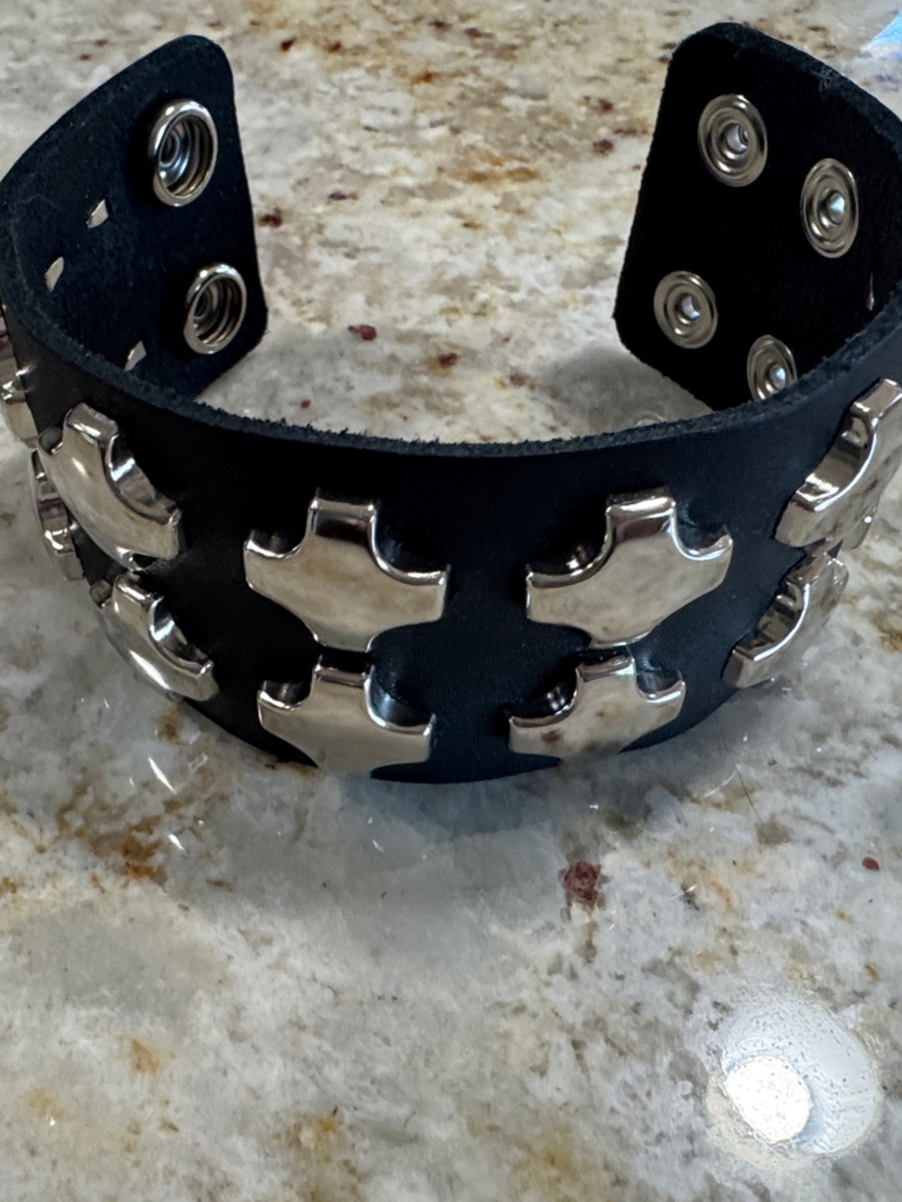 NWOT Black Leather Snap Cuff Bracelet with Silver Metal Accent